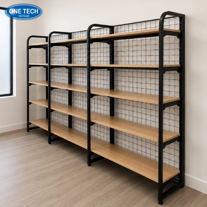 Kệ sắt mặt gỗ 5 tầng: lưng lưới, áp tường, giá rẻ #1