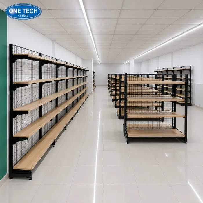 Kệ sắt mặt gỗ 5 tầng: lưng lưới, áp tường, giá rẻ #1