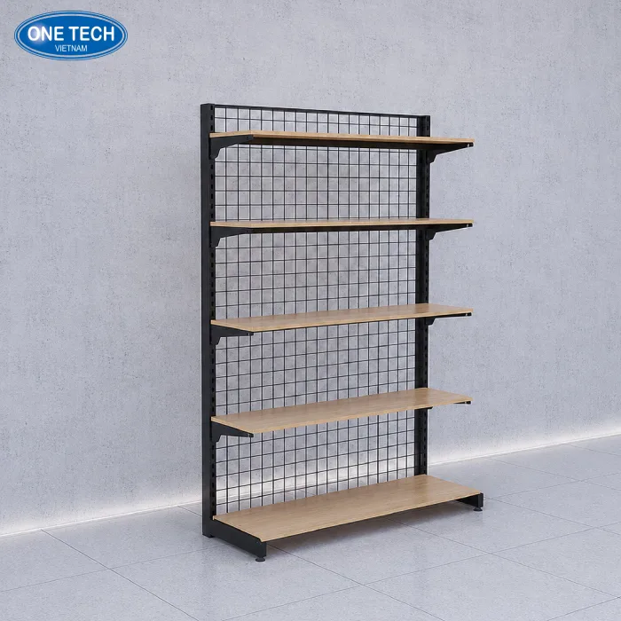 Kệ sắt mặt gỗ 5 tầng: lưng lưới, áp tường, giá rẻ #1