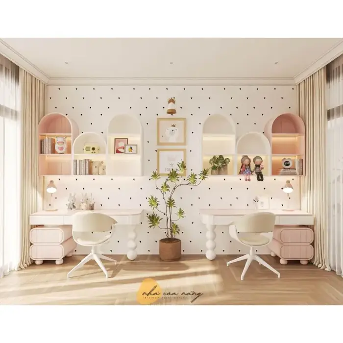 Mua Hệ Bàn Học Bé Gái 1m2x50 Kèm Kệ Sách Treo Tường