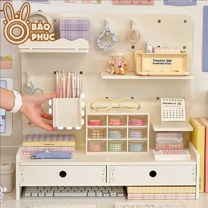 Kệ để bàn học trang trí phòng học đựng dụng cụ học tập decor màu trắng dày  dặn chắc chắn gọn gàng cao cấp