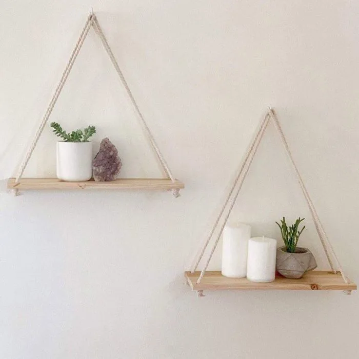 Kệ Treo Tường Kệ Gỗ Dây Thừng Treo Tường Decor Trang Trí Nhà Cửa Kệ Gỗ Mdf  Hiện Đại 2 Tầng Kệ Gỗ Dày 18Mm Vân Tự Nhiên Kệ Treo Quần Áo
