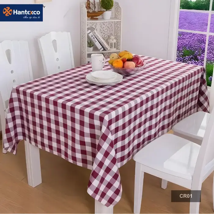 Khăn trải bàn Caro chất liệu Polyester, decor phòng ăn cho gia đình