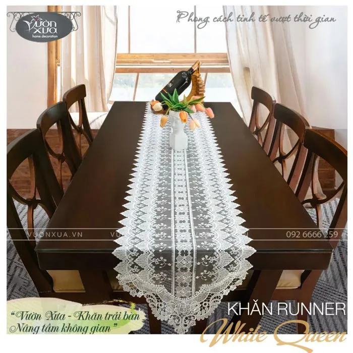 Khăn trải bàn màu trắng VƯỜN XƯA bằng vải ren chỉ tinh xảo Table Runner  KBWQ-R