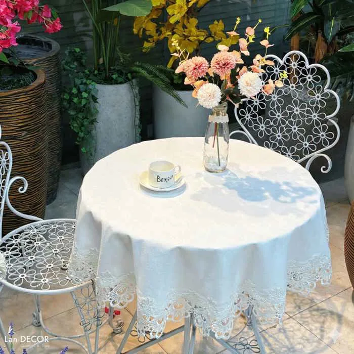 Khăn Trải Bàn Trang Trí Nhà Màu Trắng Phối Ren Sang Trọng - TB580 Cây Giả  Trang Trí nhà Đẹp - Lan Decor