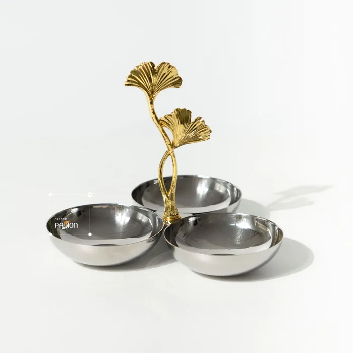 Khay Decor 3 Ngăn Inox Hình Lá Bạch Quả Sang Trọng