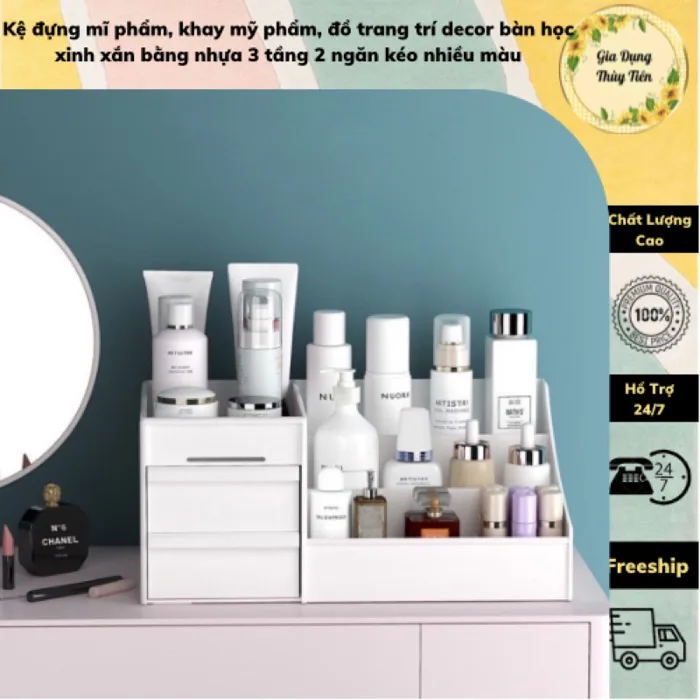 Kệ đựng mĩ phẩm, khay mỹ phẩm, đồ trang trí decor bàn học xinh xắn bằng  nhựa 3 tầng 2 ngăn kéo nhiều màu