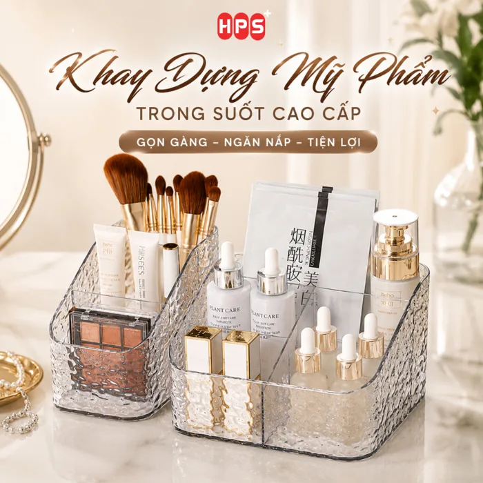 Khay Đựng Mỹ Phẩm Chia Ngăn Trong Suốt Vân Sóng Nước HPS, Kệ Đựng Đồ Đa  Năng, Decor Bàn Trang Điểm Sang Trọng