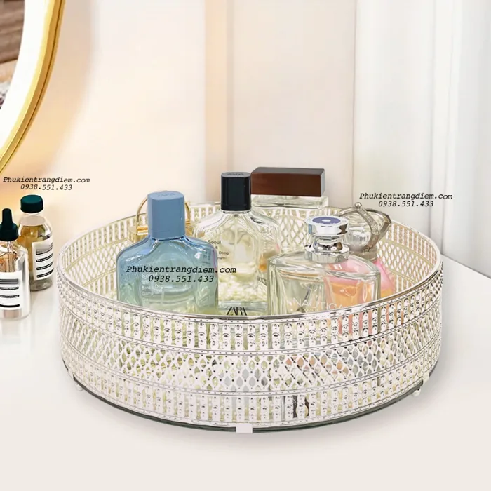 Khay Tròn Để Nước Hoa, Mỹ Phẩm, Trang Trí Nội Thất Khung Kim Loại | Khay  Bạc Decor Phòng Ngủ