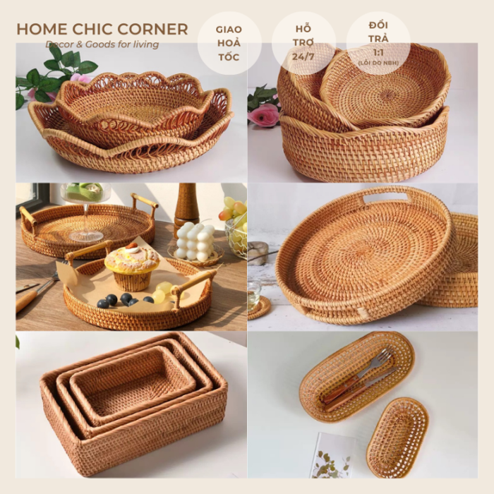 Rổ mây tròn, khay mây đựng đồ, decor trang trí mây tre đan tự nhiên | HOME  CHIC CORNER | Lazada Việt Nam