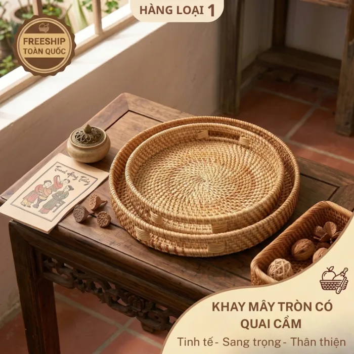 Hàng loại 1] Set khay mây hình tròn có quai cầm, hàng xuất khẩu đựng đồ ăn,  bánh kẹo, hoa quả, decor | Shopee Việt Nam