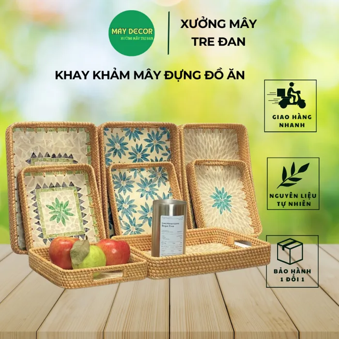 Khay mây tre đan khảm trai có quai cầm chữ nhật decor bàn ăn, trang trí  phòng bếp đẹp mắt, khay đựng trà cỡ lớn
