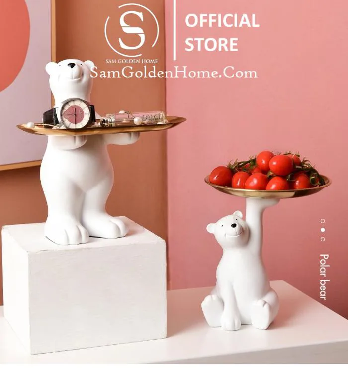 Gấu Trắng Bưng Khay Trang Trí Bàn Học, Bàn Làm Việc Sang Trọng - Sam Golden  Home