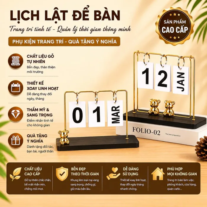HEMISTORE Lịch Lật Hình Gấu Để Bàn Trang Trí Kim Loại Decor Hiện Đại,Lịch  Lật Trang Trí Bàn Làm Việc, Decor Bàn Học,...