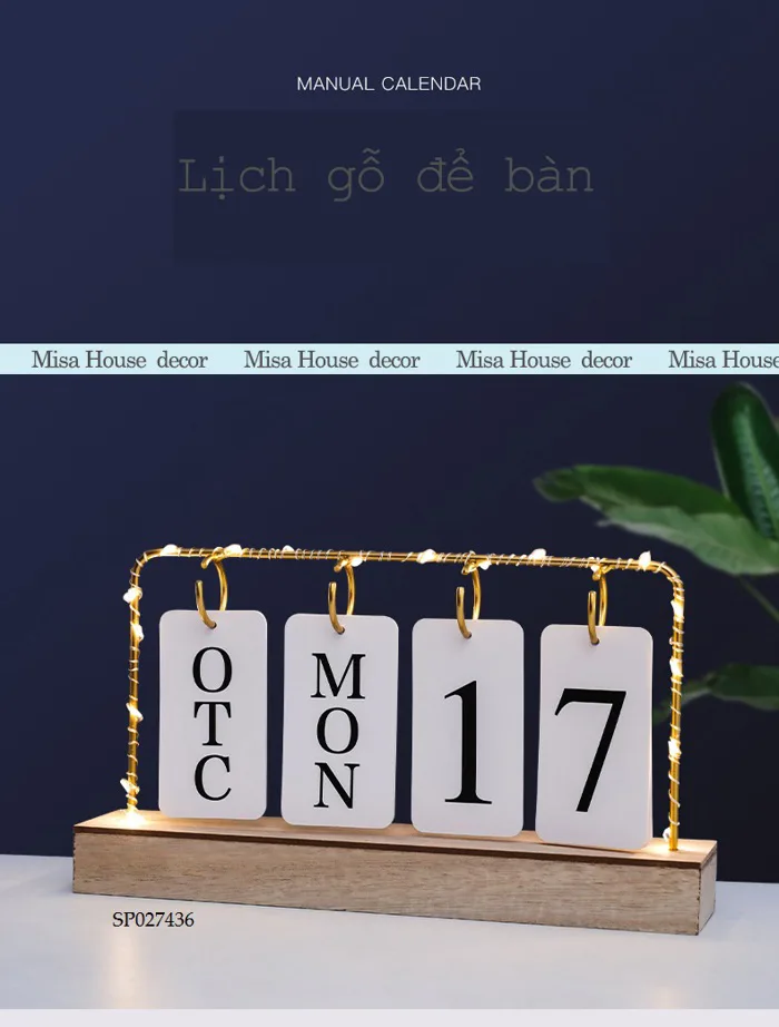 Lịch Trang Trí Gỗ Để Bàn kèm Đèn decor trang trí đơn giản hiện đại - Misa  House