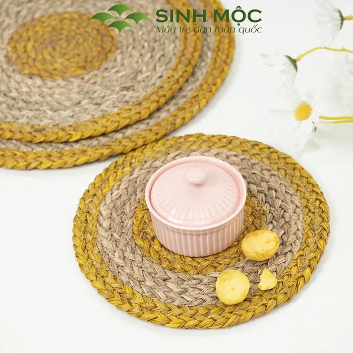Đĩa cói lót ly màu vàng, lót cốc, decor bàn ăn nhiều kích cỡ