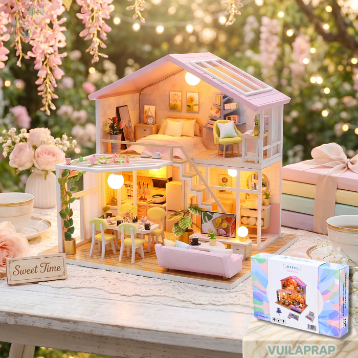 [Decor, Quà Tặng] Mô Hình Lắp Ráp Nhà Gỗ Hồng Ngọt Ngào Sweet Time - DIY có  đèn LED HongDa M2001