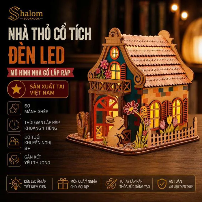 Halom DIY Nhà Thỏ Cổ Tích Đèn Led - Mô Hình Nhà Gỗ Lắp Ráp, Decor Bàn