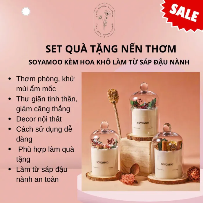 Set quà tặng nến thơm SOYAMOO sáp đậu nành không khói kèm hoa khô trang  trí, decor và làm thơm nhà