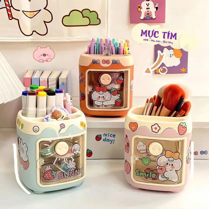 Hộp đựng bút hình heo dễ thương – Ống để bút nhiều ngăn trang trí văn phòng bàn  học tặng kèm sticker