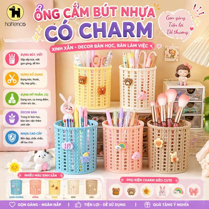 Combo 5 Ống cắm bút, đồ đựng bút nhựa cute, decor bàn học, bàn làm việc