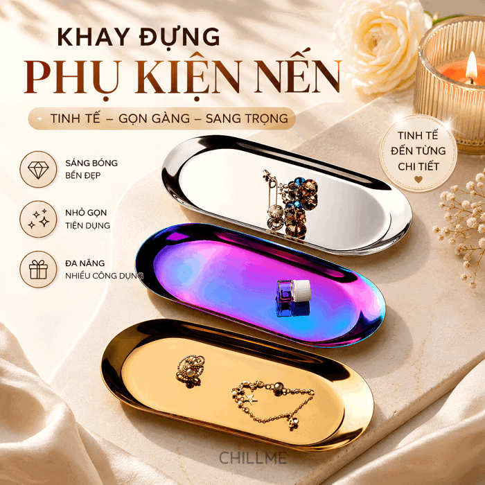 Khay đựng phụ kiện nến thơm mỹ phẩm trang sức decor kim loại sang trọn –  Chillme Candle - Thương hiệu chuyên nến thơm, tinh dầu tán hương