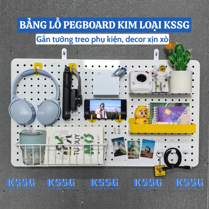 Bảng lỗ Pegboard Kim Loại Gắn Tường Treo Phụ Kiện Decor Góc Học Tập, Bảng  Treo Đồ Pegboard Gắn Tường