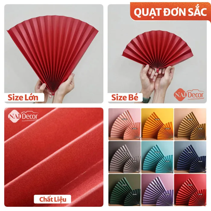 Quạt Giấy Màu Đơn Sắc, Quạt Màu Trang Trí Tết, Phụ Kiện Chụp Ảnh Nai Decor