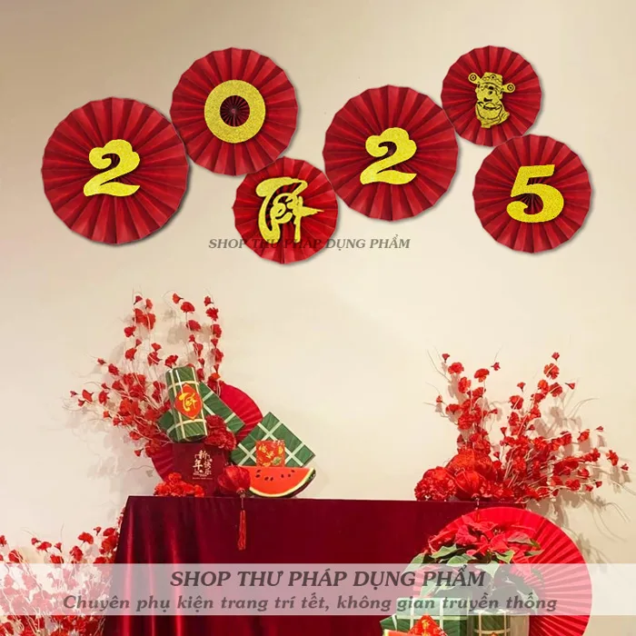 Set quạt giấy kèm phụ kiện 2025 trang trí tết