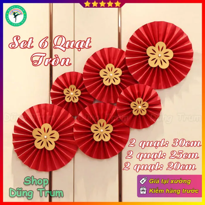 Set 6 Quạt Giấy Đỏ tròn trang trí Tết sẵn keo - Quạt Giấy Xếp Đỏ decor nhà  cửa | Lazada Việt Nam