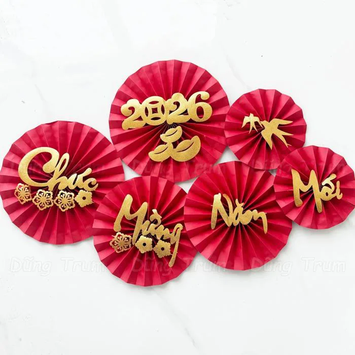 Set 6 Quạt Giấy Đỏ tròn trang trí Tết sẵn keo - Quạt Giấy Xếp Đỏ decor nhà  cửa