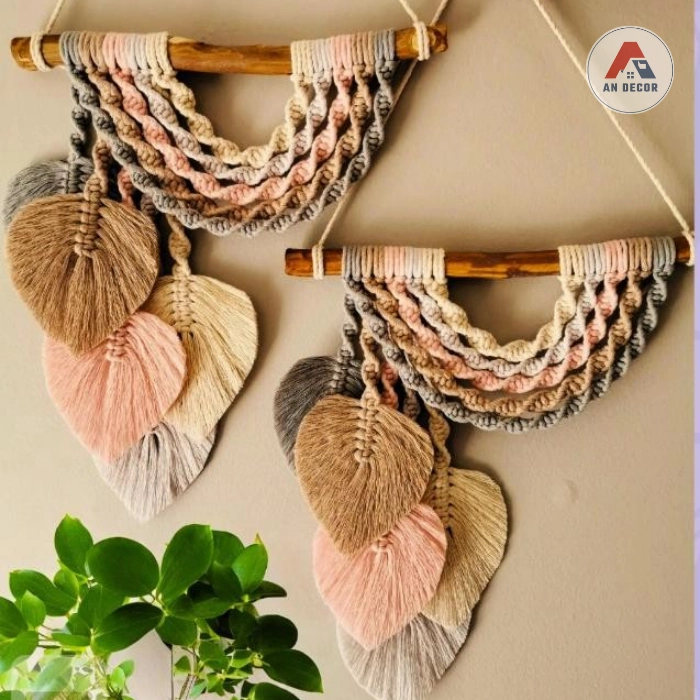 Macrame wall hanging M6 - Rèm 5 lá macrame, dây đan xoắn 2 lớp độc đáo phối  màu pastel - Bình An decor -Võng, xich đu macrame
