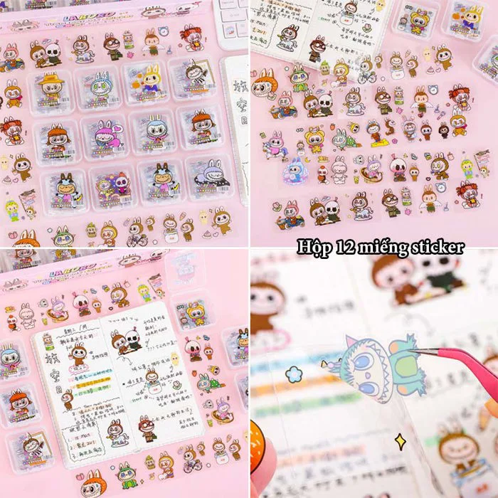 Hộp 12 miếng sticker Labubu Capybara size lớn hình dán trang trí laptop bàn  học xe cho bé