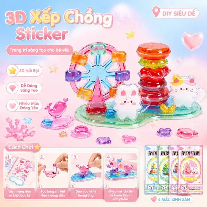 Miếng Dán 3D Xếp Chồng Pha Lê DIY, Sticker Trang Trí Bàn Học, Đồ Chơi Sáng  Tạo Cho Bé Gái