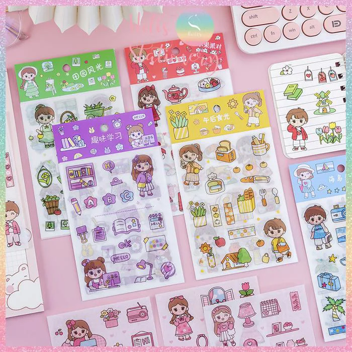 HOTIS] Set 4 tấm sticker cô bé cute trang trí sổ tay, bàn học - 18x10.5cm