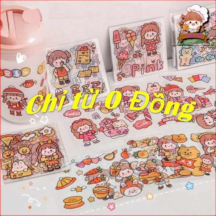 20 miếng dán sticker trong suốt trang trí bàn học laptop, bình nước hoạt  hình đa dạng ( 1 miếng vuông 6x6 )