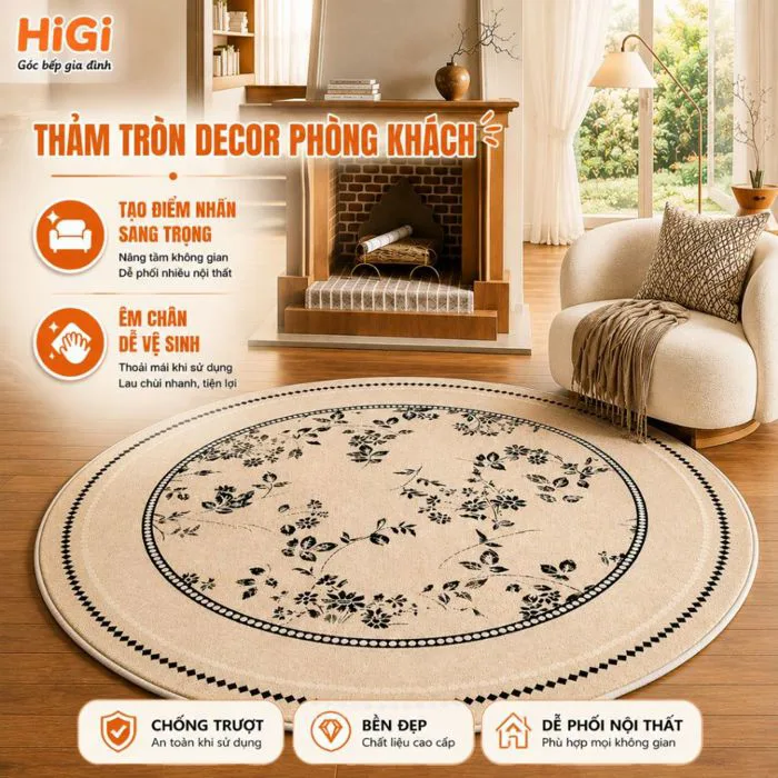 Thảm Tròn Decor Phòng Khách Êm Chân Chống Trượt Dễ Vệ Sinh, Thảm Trải Sàn  Vintage Trang Trí Phòng Ngủ