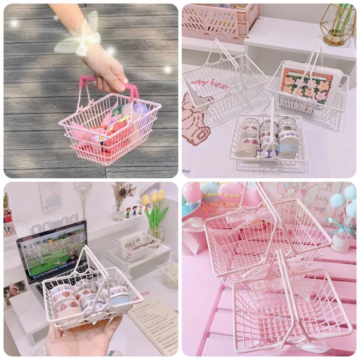 Giỏ tay cầm màu hồng thắt nơ pastel xinh xắn ( Rổ picnic cắm trại , rổ  trang trí góc học tập )