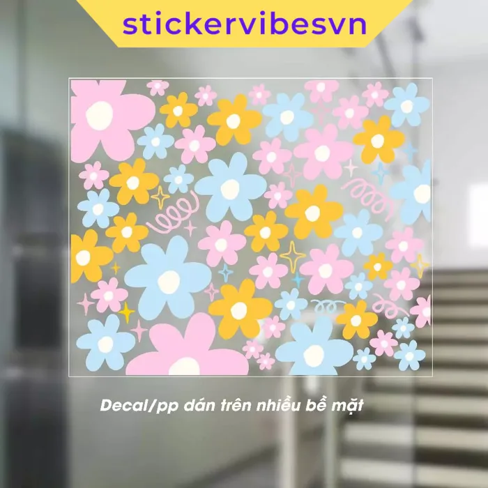 Decal Sticker Hoa Màu Pastel Cute, Trang Trí Cửa Hàng, Decor Góc Học Tập,  Dán Lớp Học Cho Bé