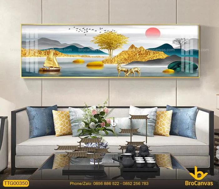Tranh Treo Phòng Khách Tráng Gương Đẹp Gia Đình Hươu Nay Và Phong Cảnh Đồi  Núi Phong Thủy TTG00350B