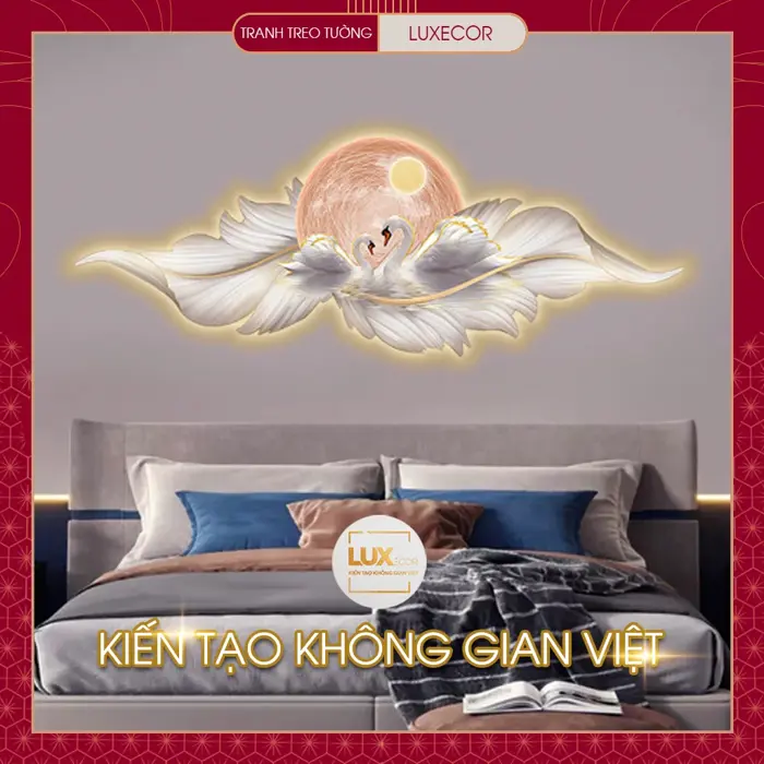 Tranh điện đèn led tráng gương gỗ mdf phủ bóng decor cặp đôi thiên nga lông  vũ uốn lượn treo tường đầu giường LUX-LV - Tranh Treo Tường LUXECOR