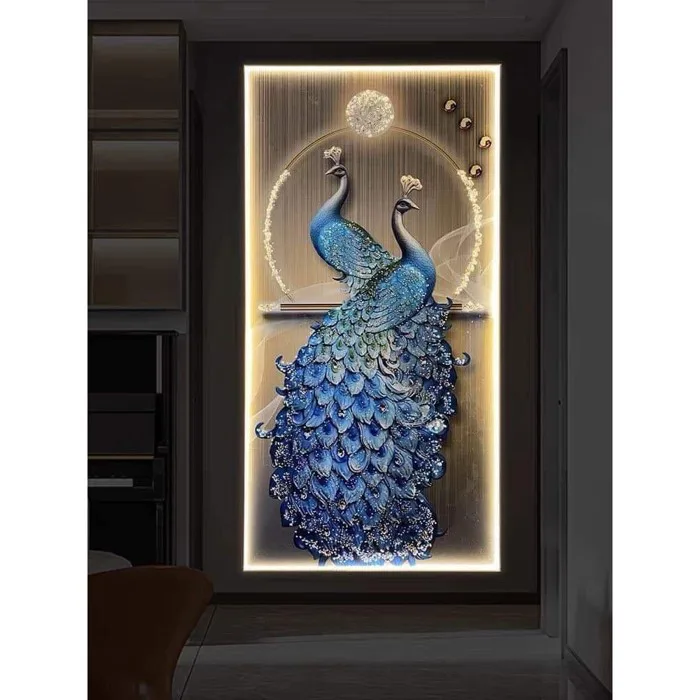 Tranh Đính Đá Pha Lê Đèn LED Đôi chim công, Cao Cấp Treo Tường, Decor Phòng  Khách, Cầu Thang, Phòng Ngủ.