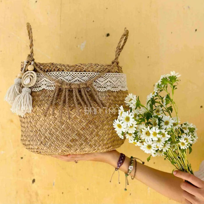 Túi cói có quai trang trí, giỏ cói thời trang vintage