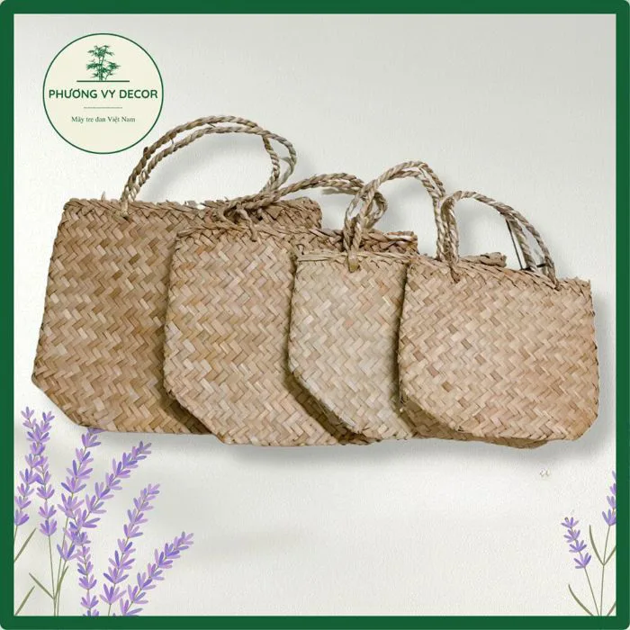Túi cói, bị cói, giỏ cói cỏ bàng quai giữa đi chợ, trang trí decor nhà cửa,  đồ chơi trẻ em an toàn Phương Vy Decor