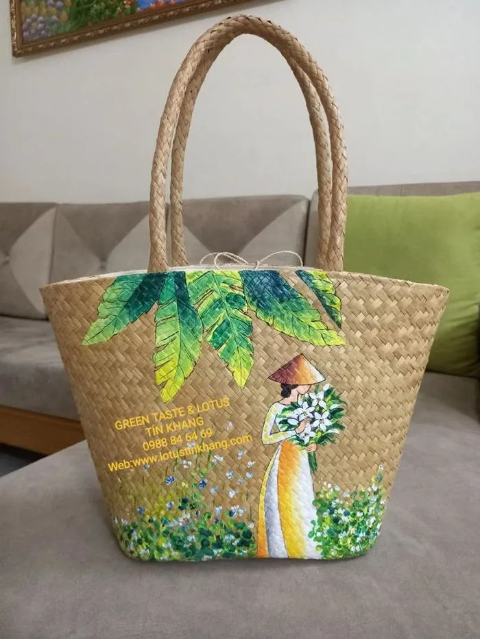 Túi Cói Vintage, Túi Xách Cỏ Bàng Vẽ Thủ Công Mĩ Nghệ Đẹp Lạ, Cao Cấp-  lotustinkhang