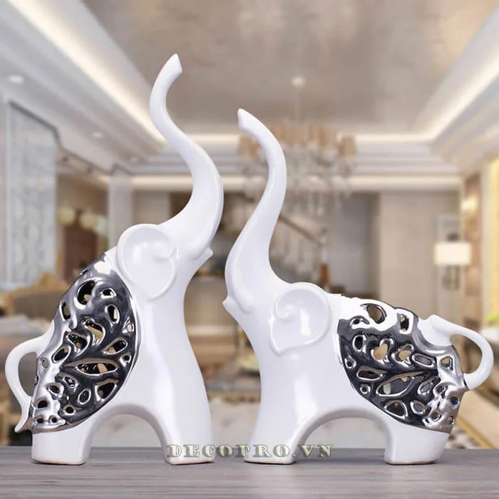Cặp voi gốm sứ trang trí hiện đại KS061 - Đồ decor độc đáo, dễ thương