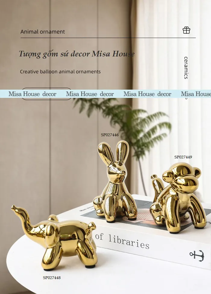 Tượng gốm sứ decor động vật nhỏ màu vàng hiện đại trang trí - tượng chó thỏ  voi khỉ decor trang trí - Misa House