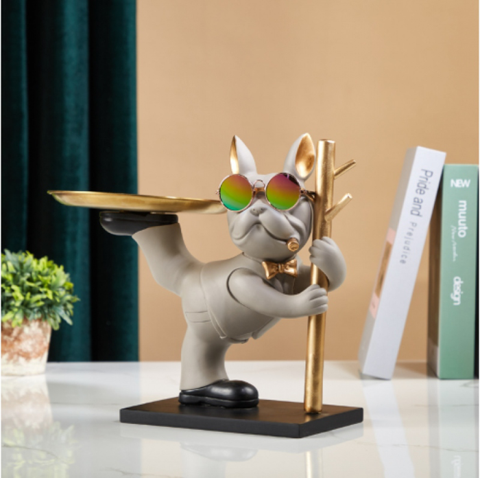 Tượng decor trang trí chó Bully cầm cột xiếc kệ đựng đồ mini phong cách  Châu Âu cao cấp 039