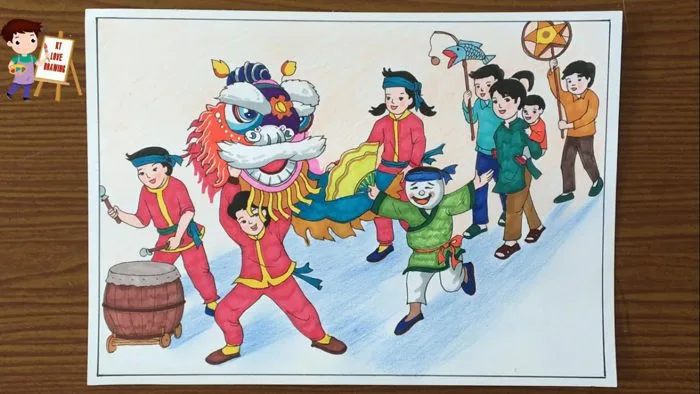 Vẽ tranh múa lân tết Trung Thu / Vẽ Tranh Tết Trung Thu / Vẽ lễ hội múa lân