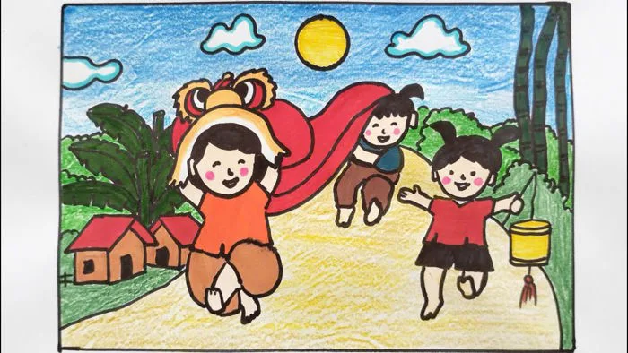 Cách vẽ tranh múa lân chơi Tết Trung thu/Hướng dẫn vẽ lễ hội rước đèn Trung  thu